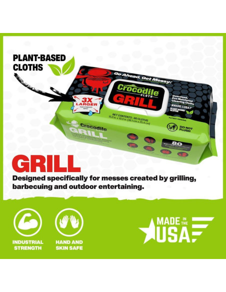 Toallitas de Limpieza Crocodile Cloth Grill - 80 Unidades, 38.1x25.4 cm, Infundidas con Aloe