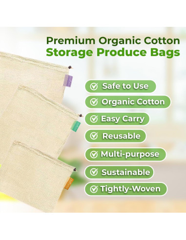 Set de 9 Bolsas Reutilizables de Algodón Orgánico Purifyou