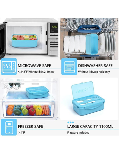 Caja Bento LOVINA 1100 ML Azul - Contenedor Almuerzo 3 Compartimentos