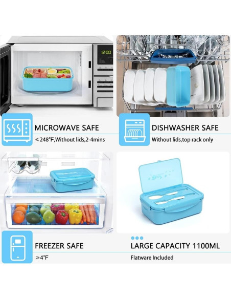 Caja Bento LOVINA 1100 ML Azul - Contenedor Almuerzo 3 Compartimentos
