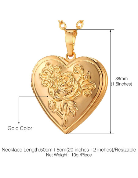 Collar Locket Personalizado U7 Oro Corazón 45.72 cm Collar Locket Personalizado U7 Oro Corazón 45.72 cm