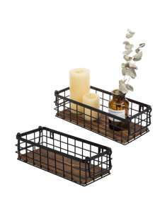 Juego de 2 Cestas de Alambre MyGift con Base de Madera Quemada