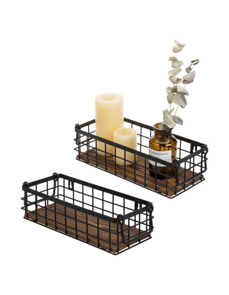 Juego de 2 Cestas de Alambre MyGift con Base de Madera Quemada