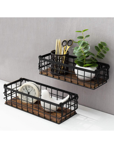 Juego de 2 Cestas de Alambre MyGift con Base de Madera Quemada