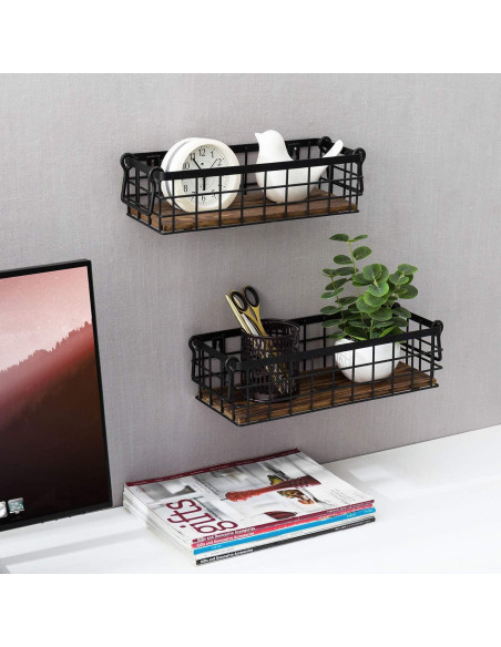 Juego de 2 Cestas de Alambre MyGift con Base de Madera Quemada