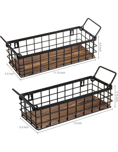 Juego de 2 Cestas de Alambre MyGift con Base de Madera Quemada