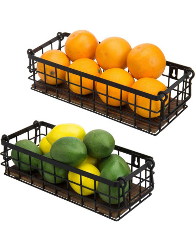 Juego de 2 Cestas de Alambre MyGift con Base de Madera Quemada