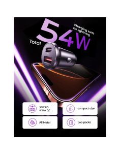 Cargador de Automóvil LISEN 54W USB C Doble Rápido Negro 2