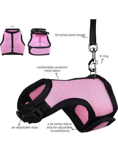 Arnés y Correa Ajustable MANON ROSA para Conejos y Mascotas Pequeñas - Negro, Tamaño S