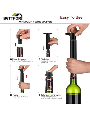 Bomba para Vino BETTFOR con 4 Tapones de Silicona Reutilizables