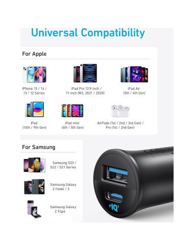 Cargador de coche USB-C Anker B2741, 30W, 2 Puertos