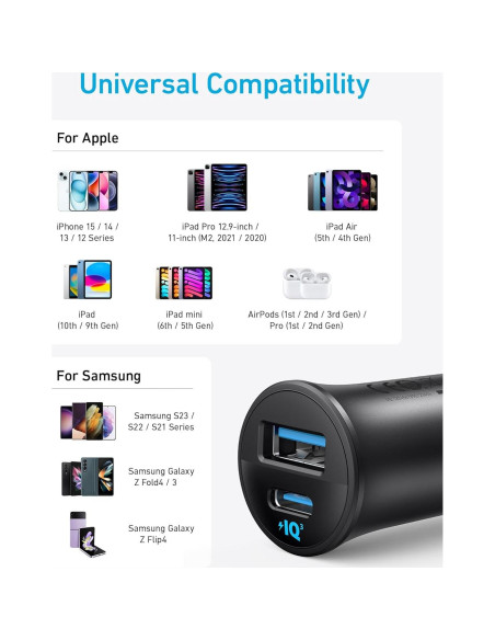 Cargador de coche USB-C Anker B2741, 30W, 2 Puertos Cargador de coche USB-C Anker B2741, 30W, 2 Puertos