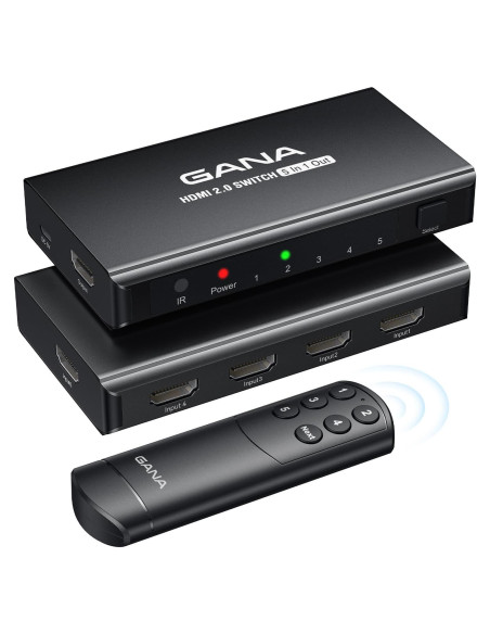 Switch HDMI 5 en 1 GANA 4K@60Hz con Control Remoto - Negro