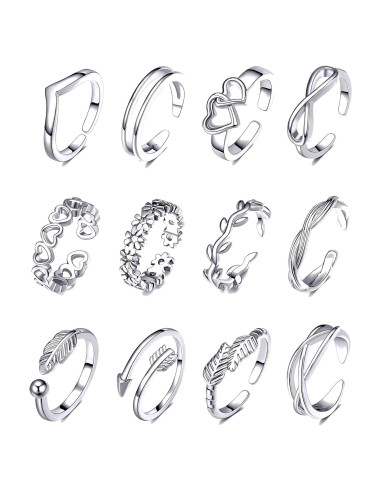 Conjunto de 12 Anillos Ajustables de Oro 14K para Mujeres