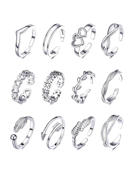 Conjunto de 12 Anillos Ajustables de Oro 14K para Mujeres