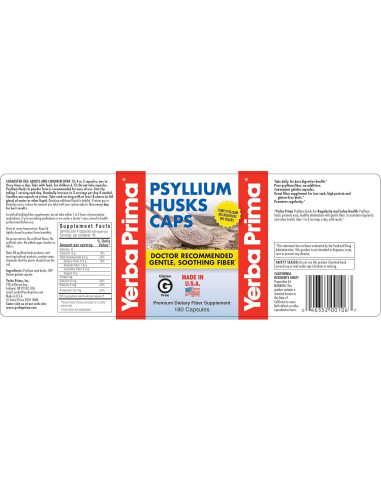 Cápsulas de Psyllium Yerba Prima 625 mg 180 Unidades - Fibra Dietética