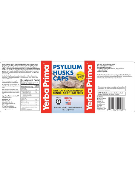Cápsulas de Psyllium Yerba Prima 625 mg 180 Unidades - Fibra Dietética