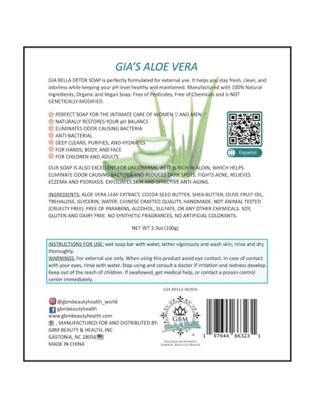 Jabón Detox GIA BELLA 93.4g - Natural con Aloe Vera Jabón Detox GIA BELLA 93.4g - Natural con Aloe Vera