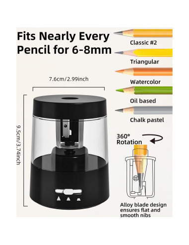 Afilador Eléctrico de Lápices ZMOL Negro 6-8mm Automático
