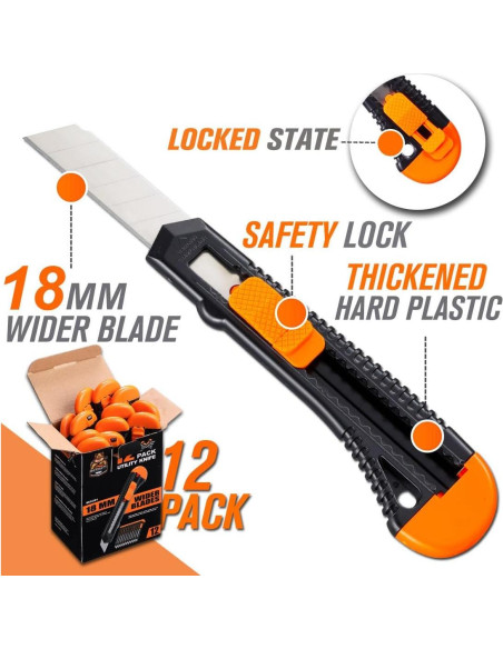 Cuchillo Utility REXBETI 12 Piezas 18mm Afilado Retráctil
