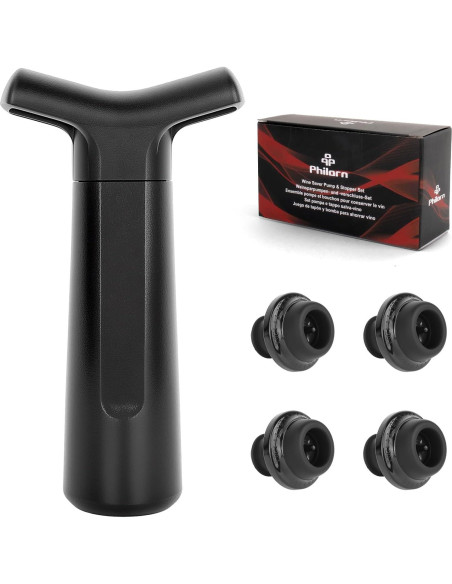 Bomba de Vino Philorn con 4 Tapones de Vacío, Negro
