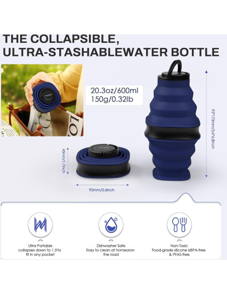 Botella de Agua Plegable Popdigito 600ml Silicona a Prueba de Fugas