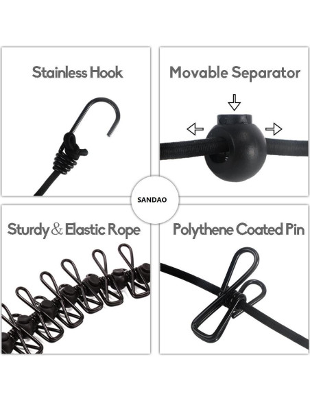 Cuerda de Ropa Portátil AIKESIWAY 1.8m Ajustable con 12 Clips