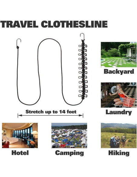 Cuerda de Ropa Portátil AIKESIWAY 1.8m Ajustable con 12 Clips