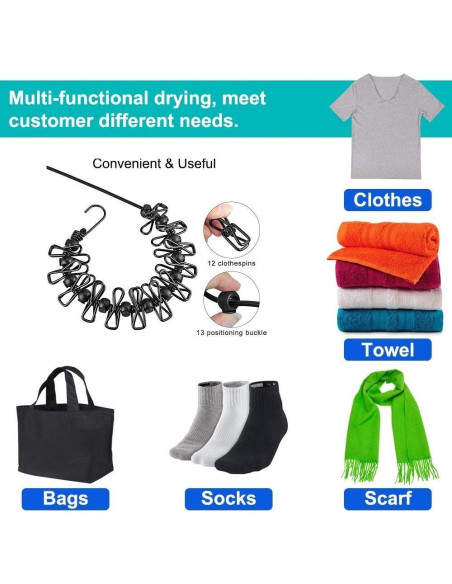 Cuerda de Ropa Portátil AIKESIWAY 1.8m Ajustable con 12 Clips