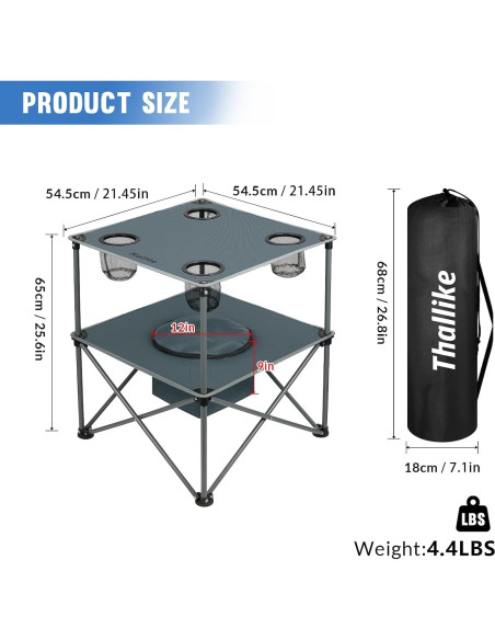 Mesa de Picnic Plegable Thallike con Enfriador 54.61x54.61cm