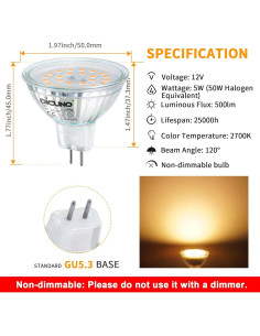 Bombilla LED DiCUNO GU5.3 12V 5W Blanco Cálido 2700K Paquete de 6 2