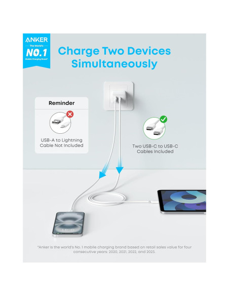 Cargador Rápido Anker 20W USB-C y USB-A, Paquete de 2