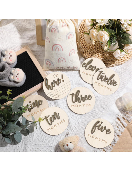 Carteles de Hitos Mensuales 3D de Madera para Bebés - 7 Discos