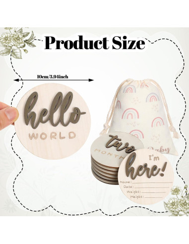 Carteles de Hitos Mensuales 3D de Madera para Bebés - 7 Discos