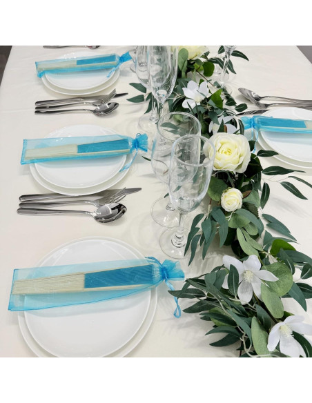 24 Abanicos Plegables de Seda Imitada SL Crafts Azul Aqua