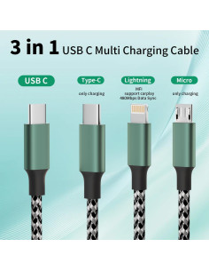 Cable de Carga Múltiple 3 en 1 Firsting 1.2m USB C Negro Verde 2