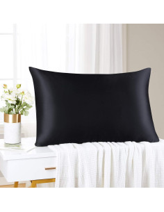 Funda de Almohada de Seda Pura Mellanni Estándar Negra - Cuidado Cabello y Piel 2