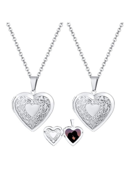 Collar Locket de Acero Inoxidable 2 Piezas Corazón Plata