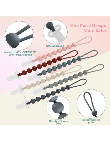 Paquete de 6 Clips de Chupete de Silicona para Bebés - Libre de BPA