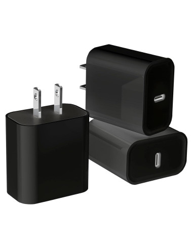 3 Cargadores Rápidos USB-C 20W PD Negro para iPhone y iPad