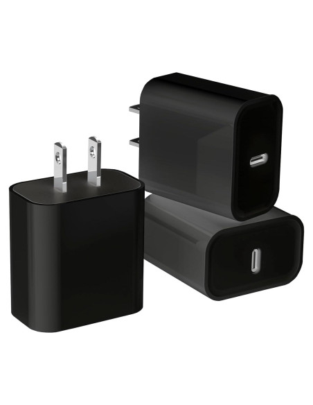 3 Cargadores Rápidos USB-C 20W PD Negro para iPhone y iPad