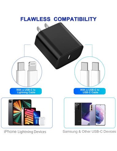 3 Cargadores Rápidos USB-C 20W PD Negro para iPhone y iPad
