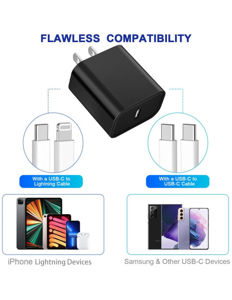 3 Cargadores Rápidos USB-C 20W PD Negro para iPhone y iPad