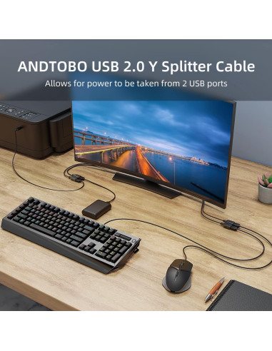 Adaptador USB 2.0 ANDTOBO Macho a 2 Hembras 30cm