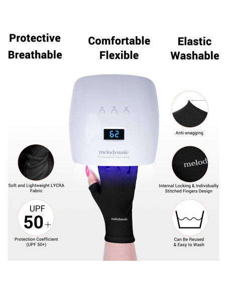 Guantes UV MelodySusie Negros UPF50+ para Manicura
