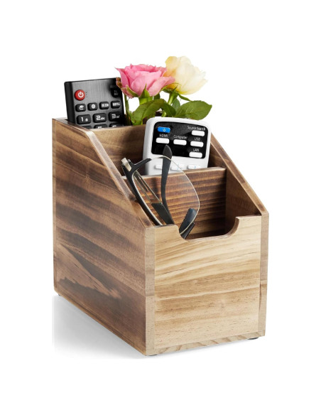 Soporte para Control Remoto BWODYAY de Madera Quemada con 3 Compartimentos