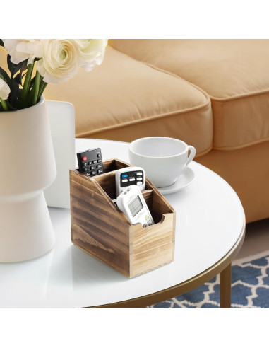 Soporte para Control Remoto BWODYAY de Madera Quemada con 3 Compartimentos