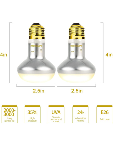 Lámpara de Calor Reptil KOHEOPT 75W UVA 2 Paquete