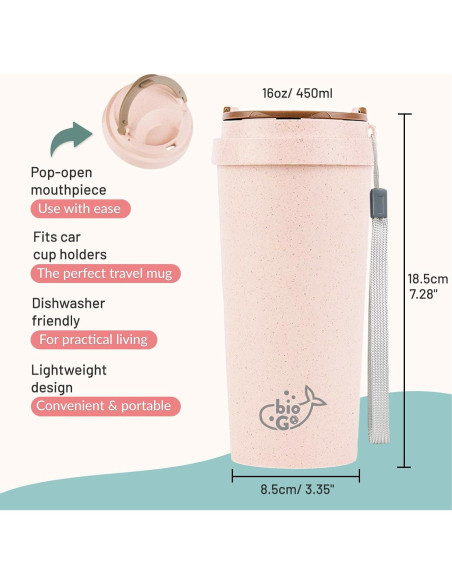 Taza de Café de Viaje bioGo Rosa 16oz Reutilizable Apta Microondas Taza de Café de Viaje bioGo Rosa 16oz Reutilizable Apta Microondas