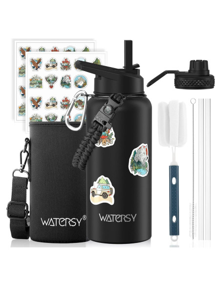 Botella de Agua Aislada 32oz WATERSY Acero Inoxidable Negro Botella de Agua Aislada 32oz WATERSY Acero Inoxidable Negro